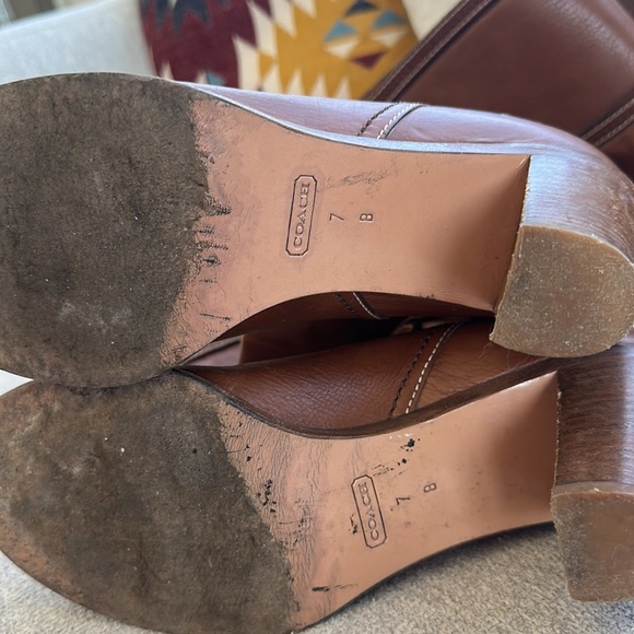 Slouchy tan monogram coach leather chunky heeled boots. Merrith style size 7 - Picture 7 of 9